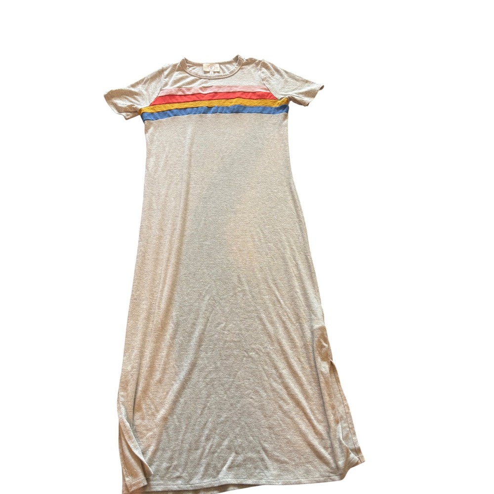 Ella Moss Womens Oatmeal Heather Retro Stripe Short Sleeve Maxi Dress Size M